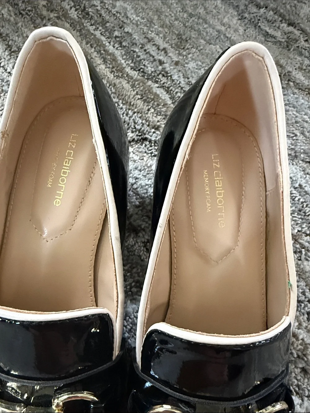 Liz Claiborne Patent Black Block Heel Loafers with Gold Bit Detail